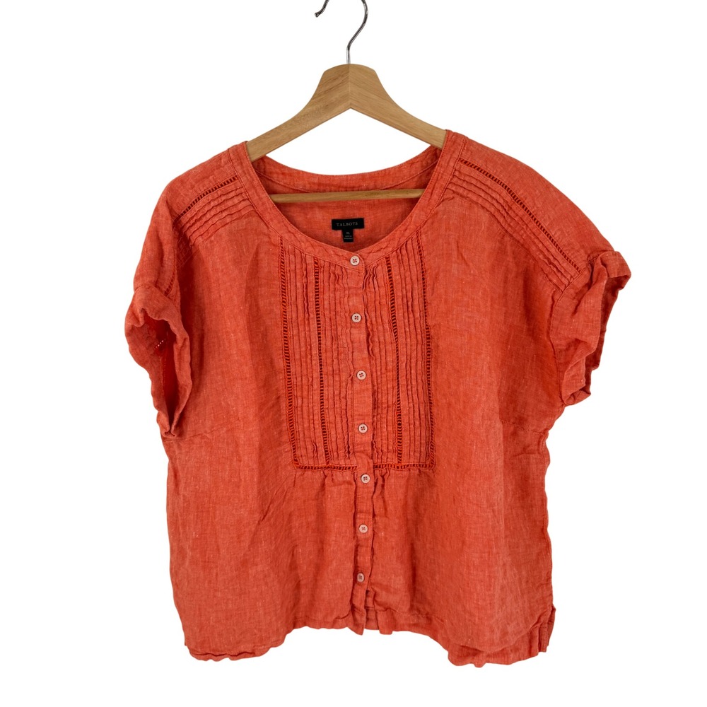 Talbots Blouse Orange XL Linen Pintuck Lace Short Sleeve Button Front Top